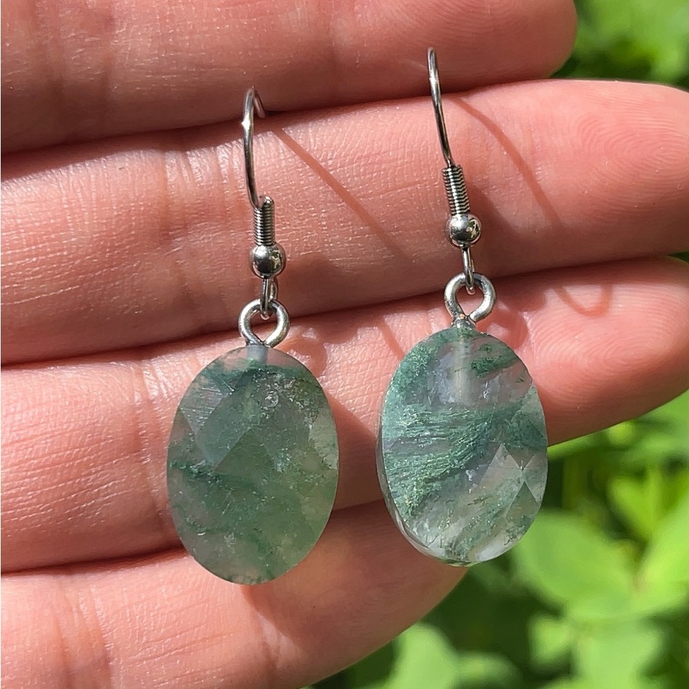 Stainless steel faceted moss agate earrings B